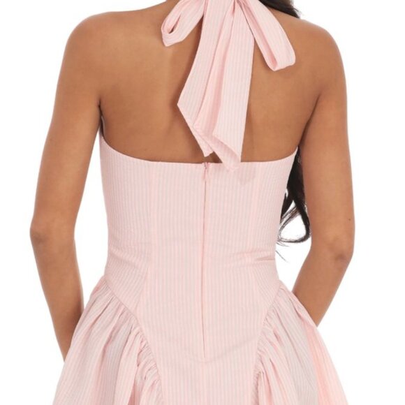 LUCY IN THE SKY Striped Crinkle Halter Dress in Pink Cocktail Pastel - Size M - Picture 2 of 15